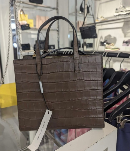 Bolsa Tote Marc Jacobs Piel Genuina Mini Grind Crossbody Marrón Oscuro Cocodrilo Níquel Negro (Usado)