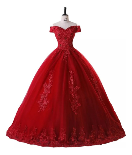 Vestido Xv Años Strapless Princesa  Rojo Apliques Bordado