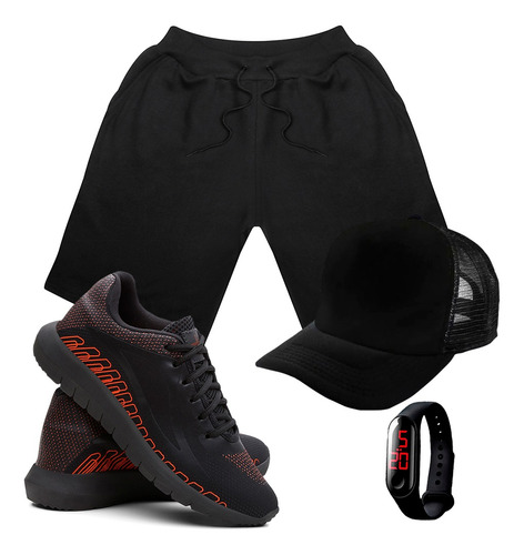 Kit Bermuda Masculina + Tenis Sport Corrida + Relogio + Boné