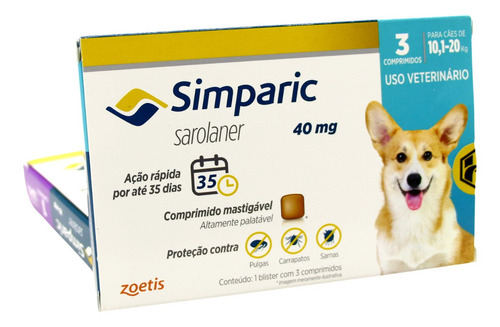 Imagem 3 de 6 de Anti Pulgas Simparic 40mg C/3comp Cães 10,1 A 20 Kg