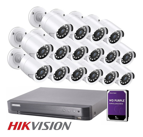 Imagen 1 de 10 de Kit 16 Camaras Seguridad Hikvision Dvr Hd Disco Rigido 1tb