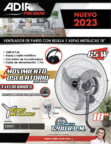 Ventilador Pared 18 Pulgadas Adir 12392 Metálico Oscilatorio