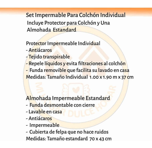 Juego Cubre Colchón Impermeable Individual + Almohada