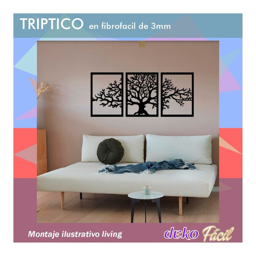 Cuadro Aplique Tríptico Árbol Decoración De Mdf A Elección.
