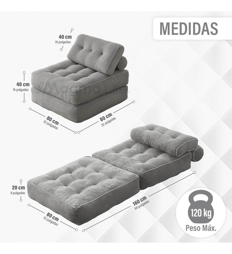 Sofá Cama Plegable Memory Foam Terciopelo Antideslizante Gris