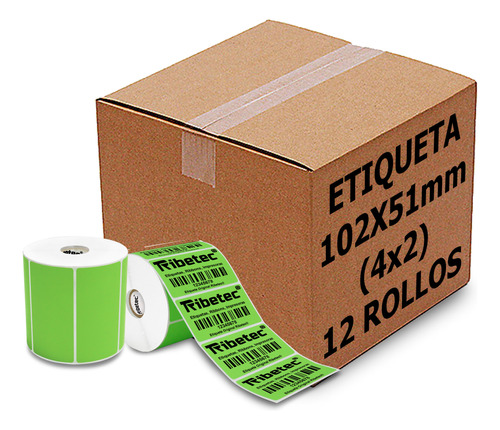 12 Rollos Etiqueta Térmica Verde 4x2 (102x51mm) 1500 Pzas C1