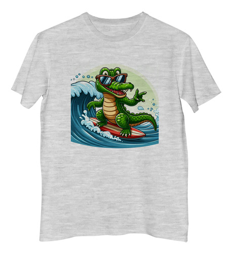 Remera Hombre Cocodrilo Surfer En Ola En Hawai