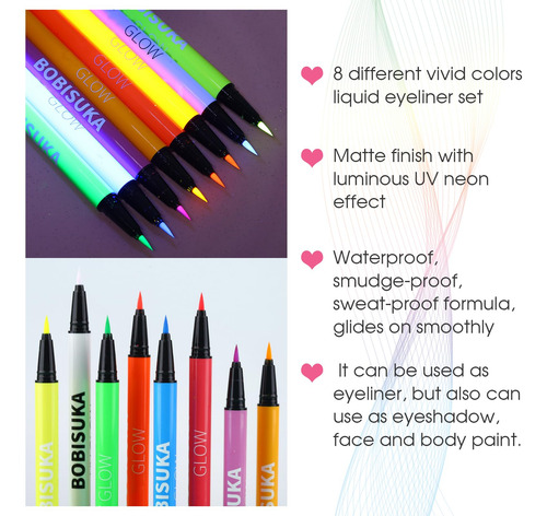 Bobisuka Lingtoolator Olors Uv Neon Liquid Eyeliner Set, Mat