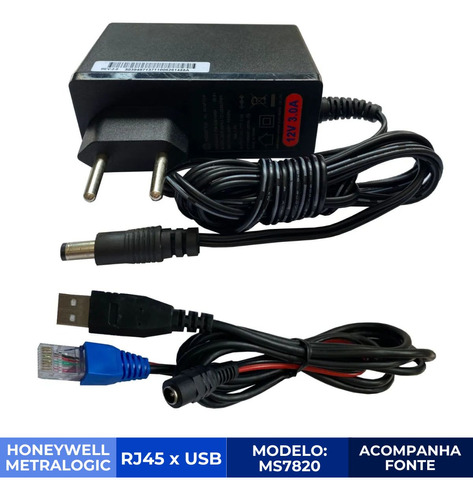 Cabo Usb X Rj45 Leitor Honeywell Metrologic Ms7820 C/ Fonte