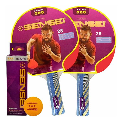 Combo Ping Pong Sensei 3 Estrellas Pack 2 Paletas + Pelotas