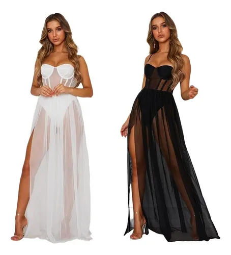 L Maxi Vestido Largo Transparente De Encaje Blanca Para