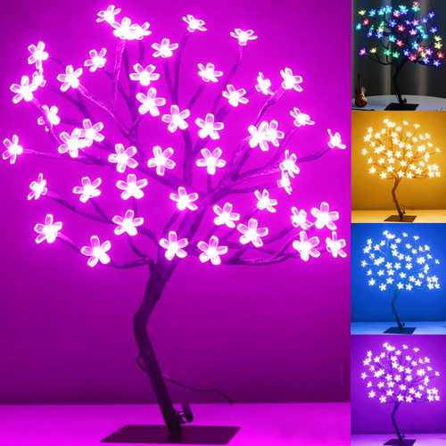 Arbol Artificial Bonsai Con Flores De Cerezo Con Led Morado