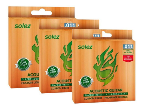 Imagem 4 de 4 de Kit 3 Encordoamento Solez Violão Aço Phosphor Bronze Slapb11