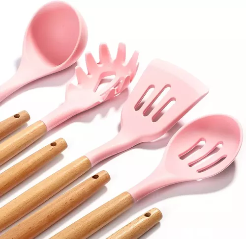 Juego de 5 utensilios de cocina de silicona, espátula de cocina rosa,  batidor de huevos con mango dorado para utensilios de cocina