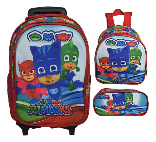 Kit Mochila Escolar Com Rodinhas, Pjmasks, Lancheira Estojo Vermelho Pj Masks