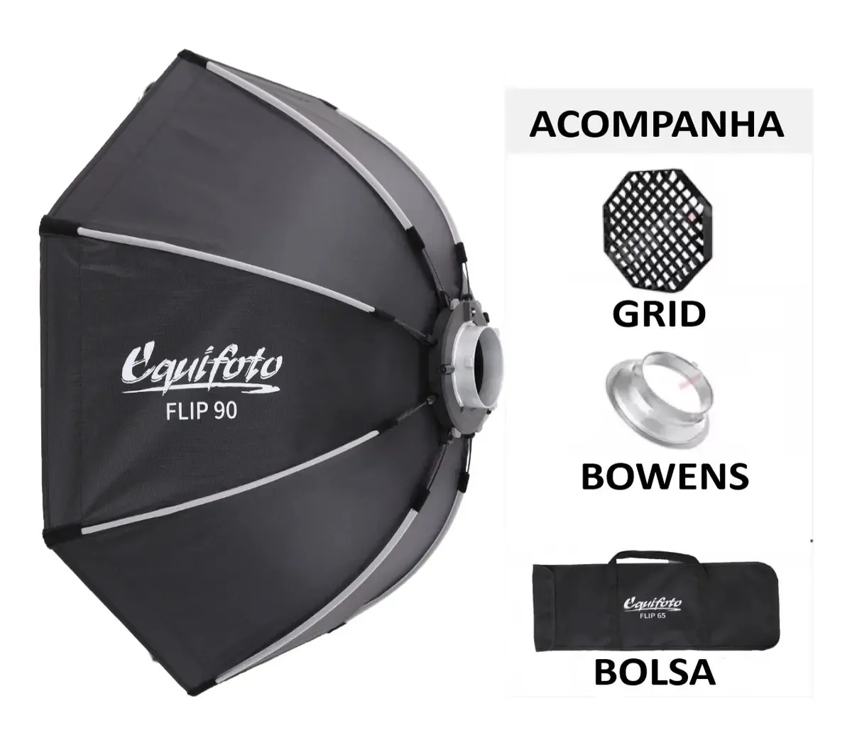 Softbox Octabox Equifoto Flip 90cm com Encaixe Bowens E Colmeia/GRID Sistema Exclusivo de Montagem Rápida