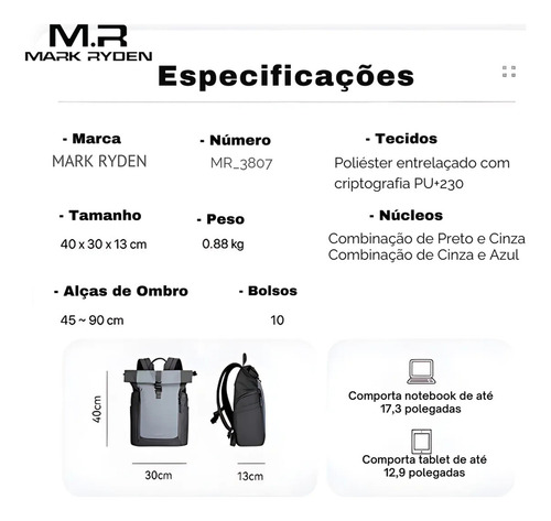 Mochila Bolsa Premium Impermeavel Expansível Notebook 17,3 Modelo Eclipse Commuter Mark Ryden - Cor Cinza/azul Liso