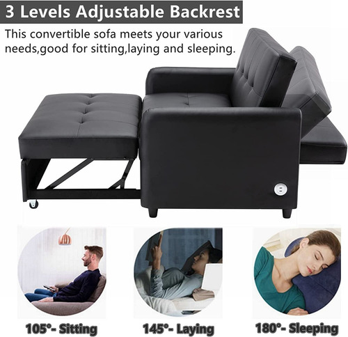 Sofa Convertible 3 En 1 Color Negro Usb Marca Gynsseh