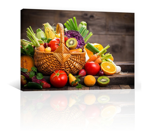 Imagen 1 de 10 de Cuadro Decorativo Comida Canvas Frutas Y Verduras En Canasto