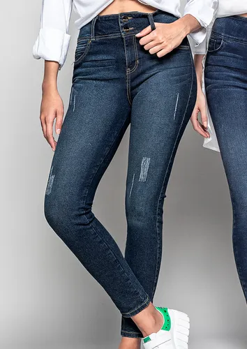 Jeans Andrea Tiro Alto Entubado Rasgado Para Mujer Azul Cuotas