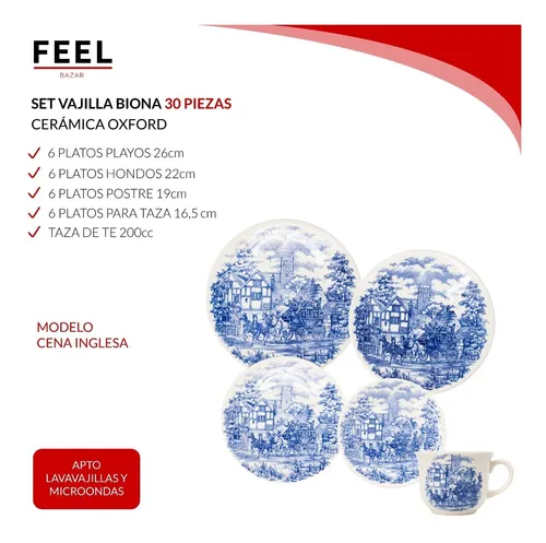 Juego De Platos X30 Set Vajilla Completo Cena Inglesa Biona