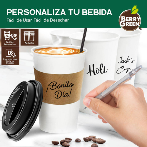 500 Vasos Blancos Para Café Apilables De 20 Oz Desechables Con Tapa Negra Y Manga Fácil de Personalizar