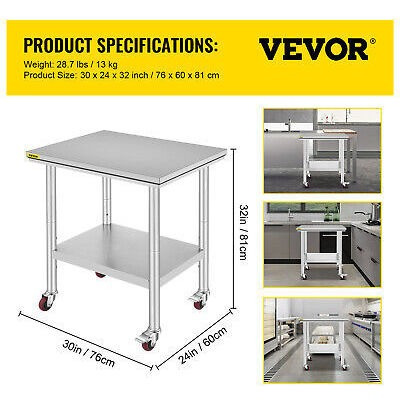 Vevor Rolling Stainless Steel Work Table 30 X24 W/ Cast Gff