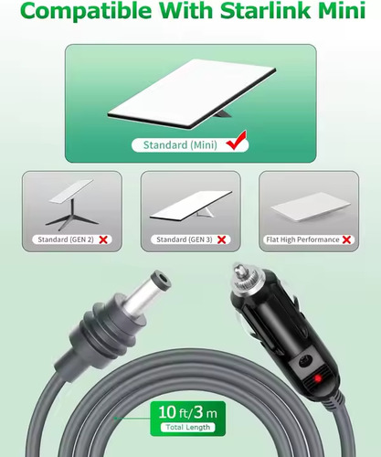 Cable Adaptador Para Starlink Mini 12v Auto Encendedor Gris 3 Metros