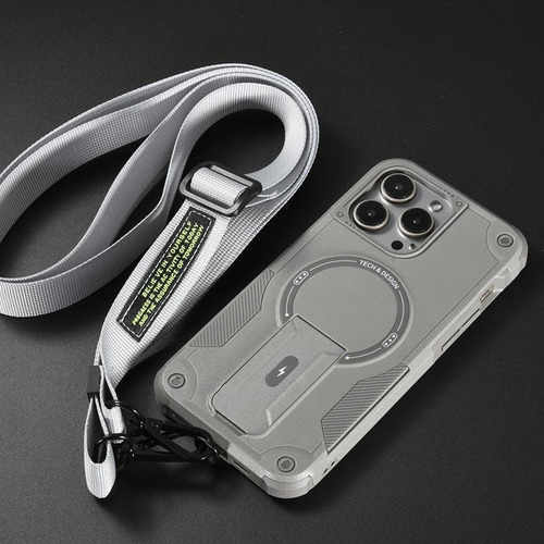 Funda Armor C/ Soporte Correa Antirobo Magsafe Para Iphone Plateado 16 Pro Max