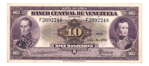 Billete De 10 Bs 31 De Julio 1952 F7