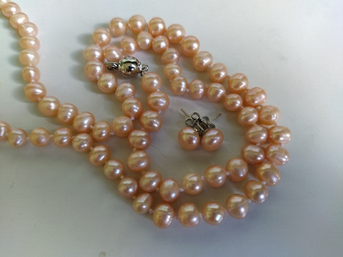 Conjunto Colar +pulseira + Brincos De Perolas Naturais Rosa