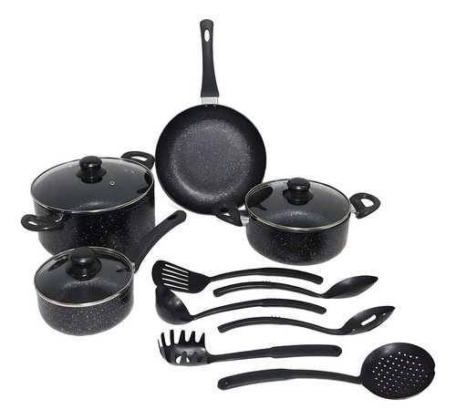 Good & Good Batería de Cocina 13 Piezas Juego de Ollas Cacerolas y Sartenes Antiadherente con Recubrimiento de Granito Ideales para Estufa y Fáciles de Limpiar Color Negro