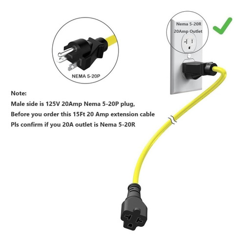 15-ft 12awg Nema 5-20p Cable De Extensión 20 Amp 125v 5-20