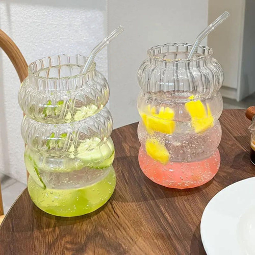 Set 2 Vasos Alto Diseño Ondas Bebida Vidrio 800 Ml Bombilla