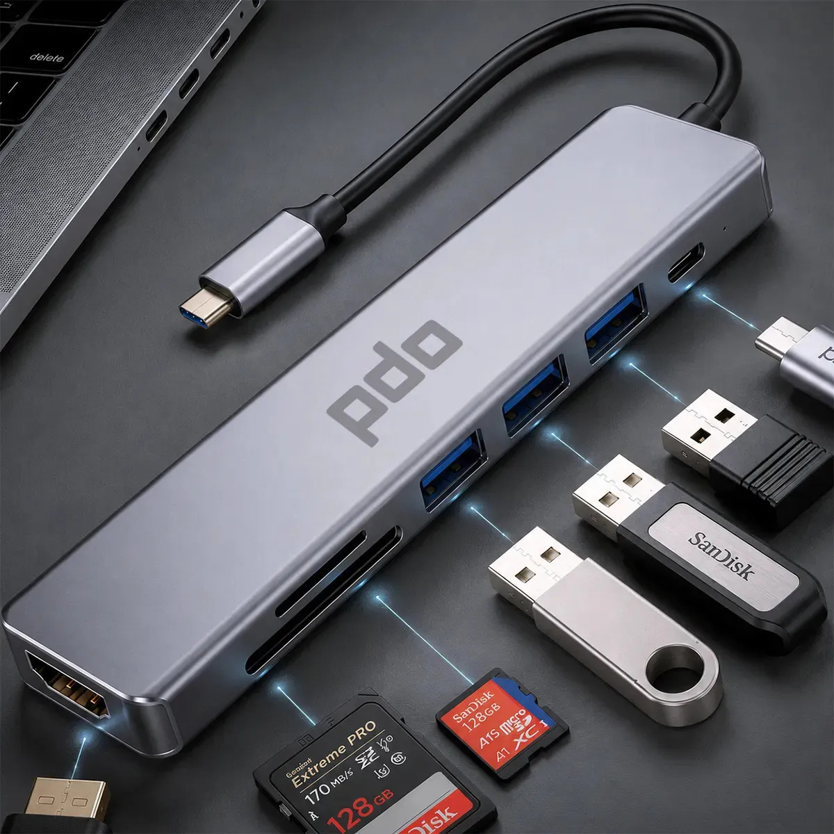 Hub USB-C 7 em 1 PDO para Notebook, PC e Tablet com HDMI 4K e Leitor SD