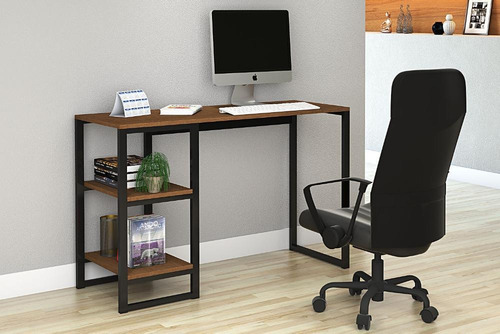 Mesa Escrivaninha Home Office Prateleiras Estilo Industrial Cor Castanho/Preto