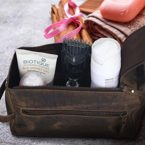 Komalc Genuino Cuero De Búfalo Unisex Neceser Viaje Dopp Kit