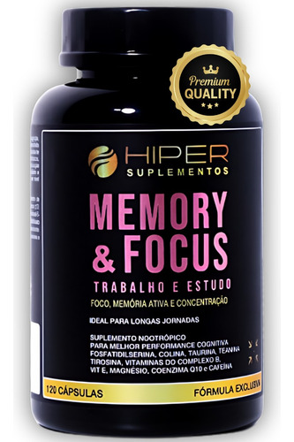 Suplemento Memory E Focus 120 Cápsulas - Hiper Suplementos Coenzima Q10 Foco Memoria Ativa E Concentração Vitamina B12 Para Melhor Performance Cognitiva