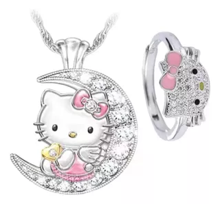 Collar + Anillo Ajustable Hello Kitty Plateado 2 Piezas