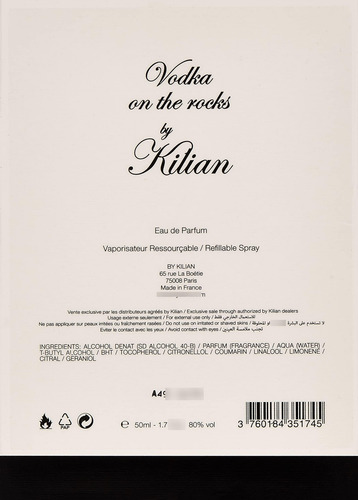 Kilian Vodka On The Rocks Para Hombres 50 Ml Recargable