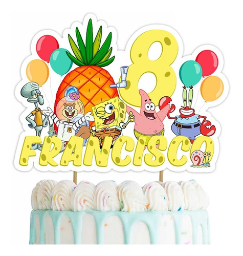 Cake Topper Bob Esponja Cumpleaños Nombre Pastel Digital