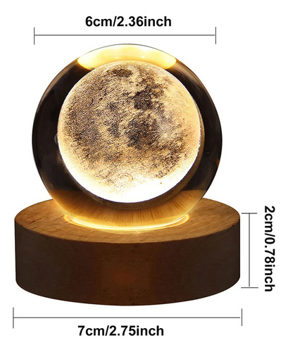 Luz Nocturna De Cristal Esfera Planeta Saturno Luna Lampara