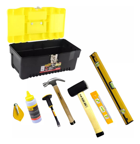 Caja Kit Herramientas Albañil Pro Maza Nivel Martillo Plomad