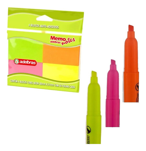 Kit Marca Texto Escolar Bloco Adesivo Post-it Anotações 