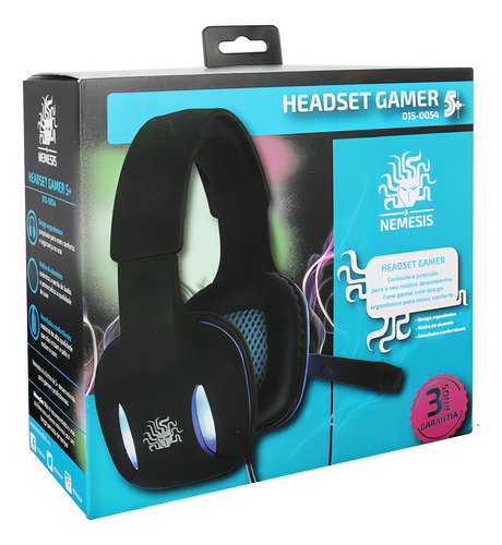 Fone Gamer Nemesis Headset Preto Com Luz De Led Azul