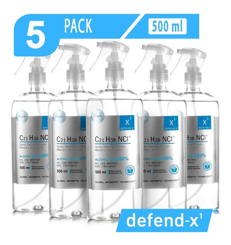 Spray Sanitizante Manos Y Superficies 5 Pzs 500ml- Defend-x1