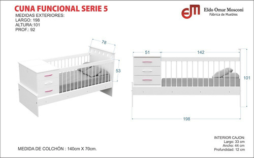 Imagen 7 de 11 de Combo Dormitorio Bebé Cuna Funcional Serie 5 + Cómoda Blanca