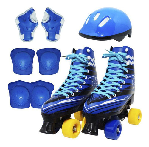 Patins 4 Rodas Roller Infantil Kit Proteção 36/37 Azul