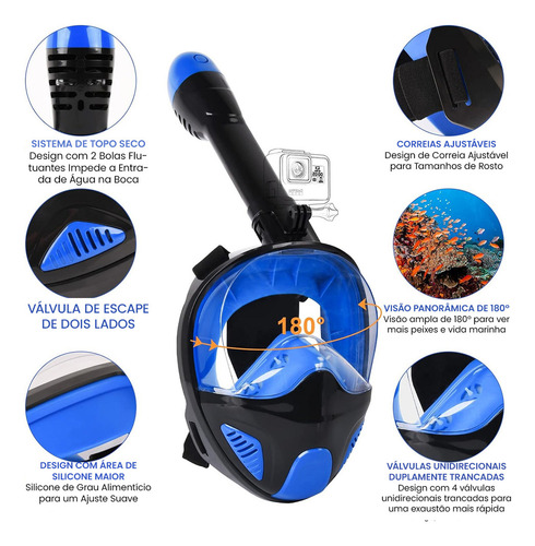 New Hawaii Máscara Mergulho Full Face Com Snorkel Suporte Gopro Camera Cor Azul P/m