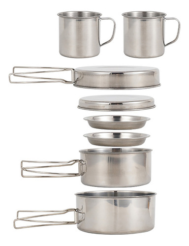 Set De Cocina Para Camping 8pcs, Acero Inoxidable, Ollas, Sa